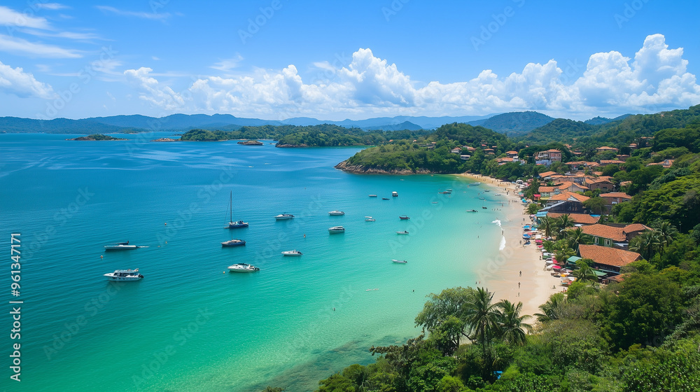 Fototapeta premium A tropical beach with turquoise waters and sandy shores surrounded by green hills and houses with red roofs. Several boats float on the calm ocean, stretching toward the horizon where the sky