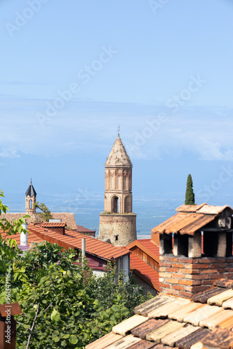 Top view of the old town of Sighnaghi and the Alazani Valley Red tiled roof photo