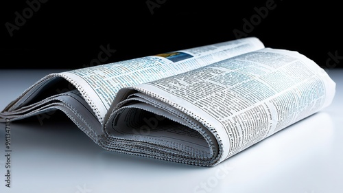 A close-up view of a folded newspaper showcasing its informative articles and headlines on a sleek surface.