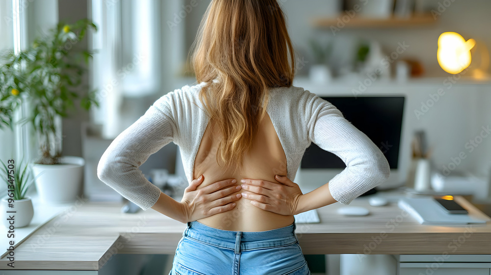 Woman experiencing back pain while working at a desk. Woman experiencing back pain while working at a desk.