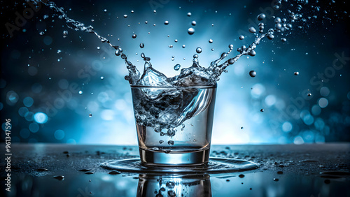 Water Splash in Glass: A dramatic close-up of a glass of water with ice cubes, frozen in time as a powerful splash explodes outward. The image captures a moment of pure energy and movement, 