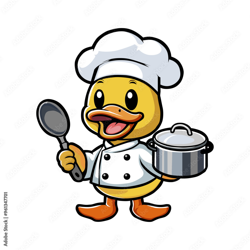 a duck with a spoon in his hand and a pan of food in the other hand.