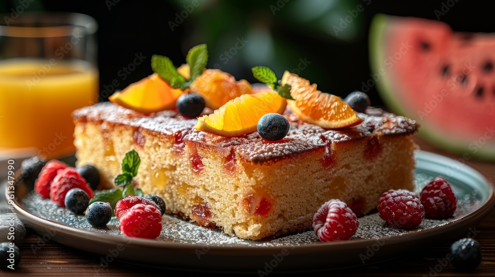 A delightful fruit cake is beautifully arranged on a plate, garnished with oranges, blueberries, and raspberries, accompanied by a glass of fresh juice and slices of watermelon