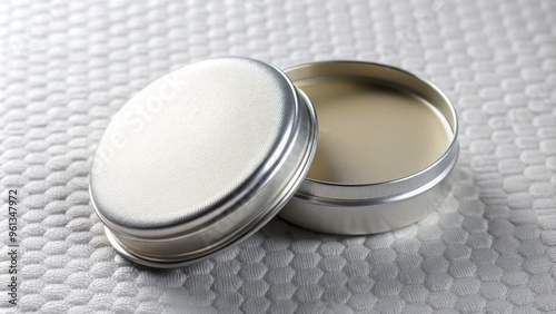 A small, round tin, containing a modest amount of lip balm, rests elegantly on a textured white surface, photo