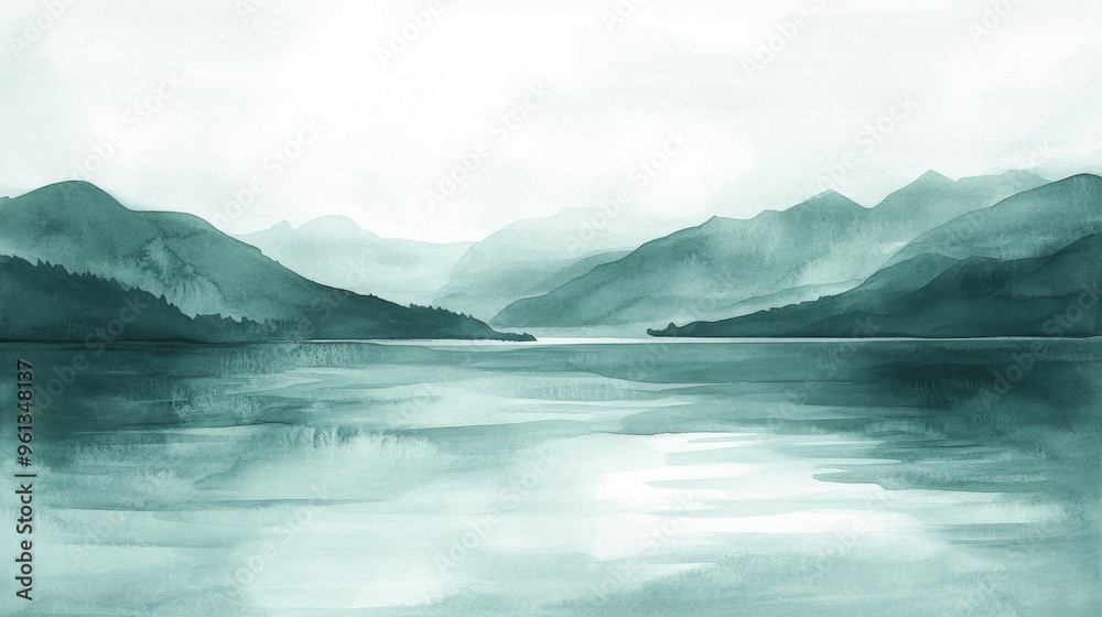 Serene Watercolor of Misty Mountains and Tranquil Waters Capturing Nature's Grace Serene Watercolor of Misty Mountains and Tranquil Waters Capturing Nature's Grace