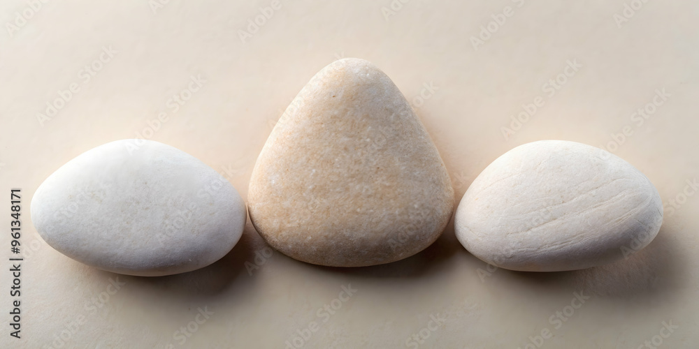 Minimalist Stone Trio: A trio of smooth, white and beige stones arranged in a simple and balanced composition on a cream background. The image evokes a sense of calm, serenity, and tranquility, perfec Minimalist Stone Trio: A trio of smooth, white and beige stones arranged in a simple and balanced composition on a cream background. The image evokes a sense of calm, serenity, and tranquility, perfec