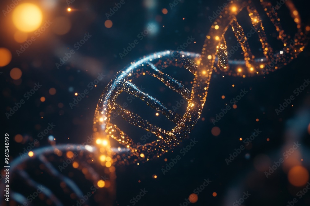 3D rendering of a double helix DNA structure, with a close-up view and a colorful, glowing light effect on a dark background. 3D rendering of a double helix DNA structure, with a close-up view and a colorful, glowing light effect on a dark background.