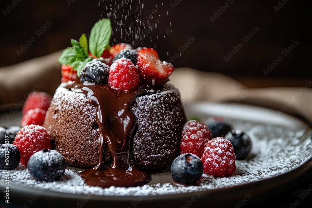 A close - up of a chocolate lava cake with molten chocolate oozing out, garnished with fresh berries and a dusting of powdered sugar A close - up of a chocolate lava cake with molten chocolate oozing out, garnished with fresh berries and a dusting of powdered sugar