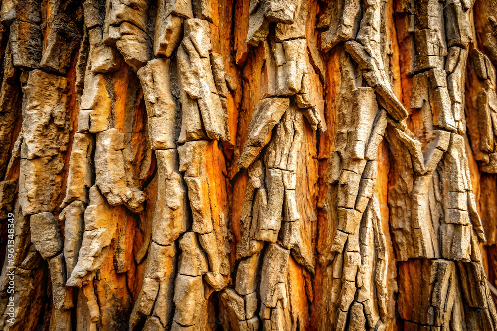 Ancient Bark's Fiery Embrace:  A tapestry of time, this close-up reveals the rugged beauty of tree bark, its deep cracks and warm hues hinting at seasons past. 