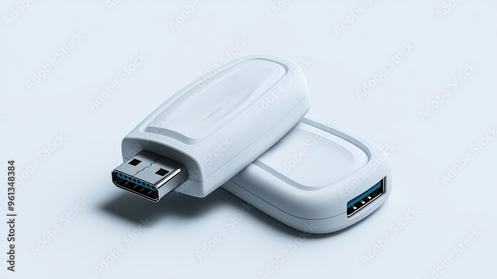 Fototapeta premium Modern white USB flash drive on a clean surface, ideal for data storage and transfer, showcasing sleek design and versatility.