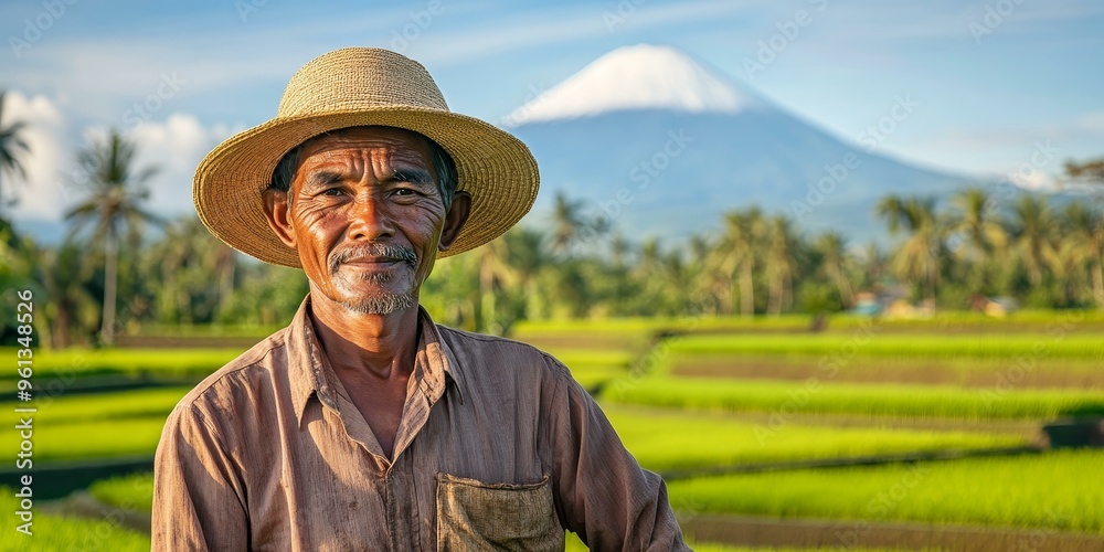Fototapeta premium Smiling man in straw hat, rice field, mountain background.