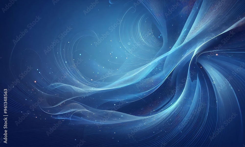 Obraz premium abstract image featuring flowing blue waves and lines, creating a sense of movement and fluidity. Small light particles are scattered throughout, adding depth and a sense of digital wonder. The smooth