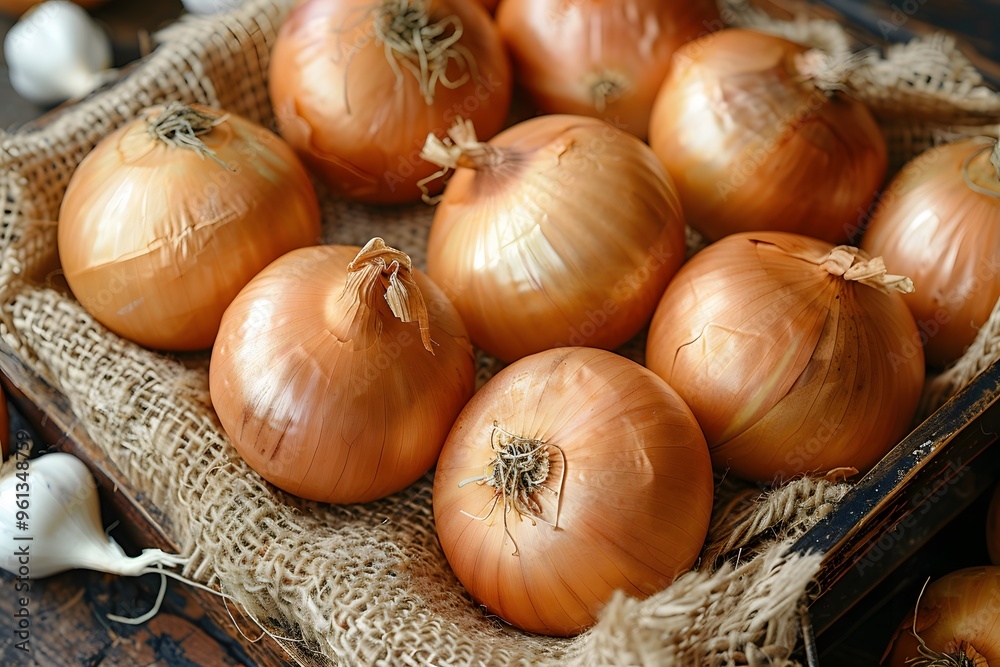 Fresh Yellow Onions in a Rustic Wooden Crate on Burlap - Organic Farming and Culinary Ingredient Fresh Yellow Onions in a Rustic Wooden Crate on Burlap - Organic Farming and Culinary Ingredient