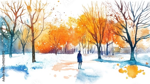 A Serene Autumn Walk Through a Snowy Landscape in Vibrant Watercolors