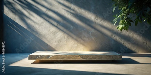 A dynamic, asymmetrical composition of a stone platform, with bold, contrasting shadows and gentle, diffused light, showcasing its organic, earthy beauty. photo