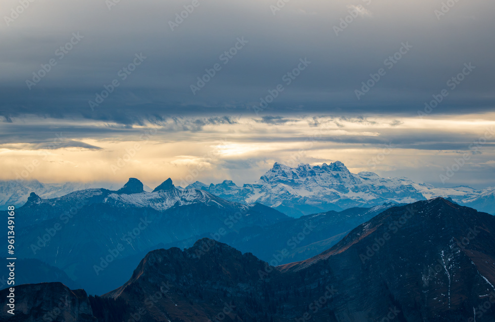 Dramatic sunset over the Dents du Midi in the Swiss Alps Dramatic sunset over the Dents du Midi in the Swiss Alps