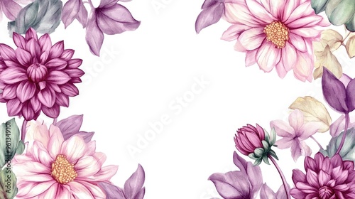 Delicate Watercolor Floral Border with Purple Flowers and Botanical Elements