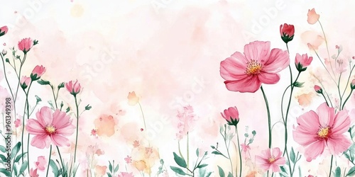 Delicate Watercolor Illustration of Pink Flowers in a Serene Floral Landscape