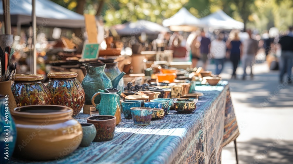 Envision a folding table at a bustling market, covered with handmade goods and crafts. Envision a folding table at a bustling market, covered with handmade goods and crafts.