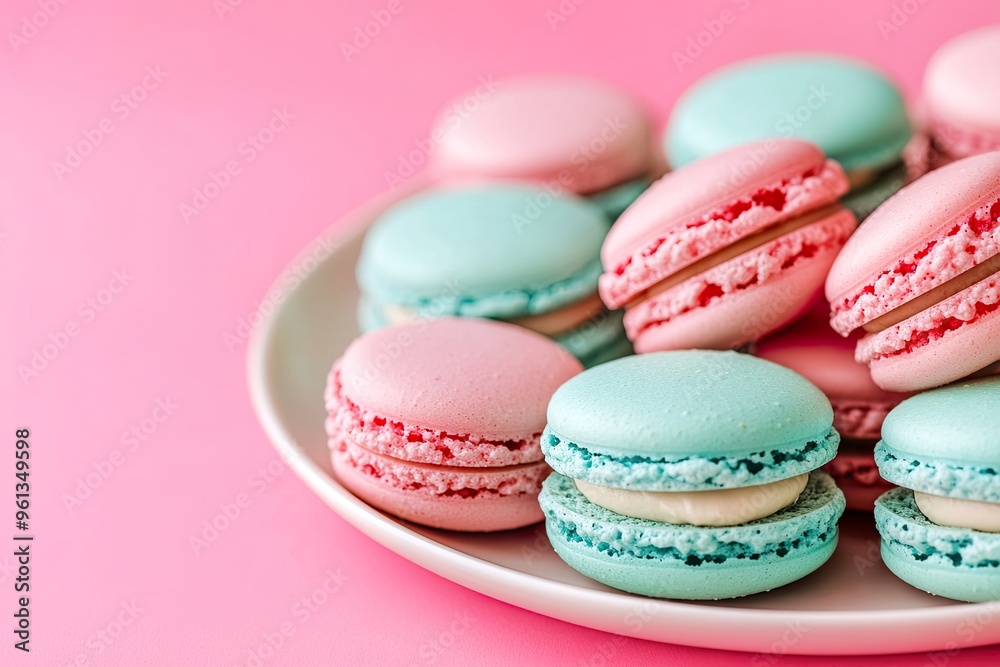 A plate of colorful macarons in pastel pink and blue, perfect for dessert or celebration. A plate of colorful macarons in pastel pink and blue, perfect for dessert or celebration.