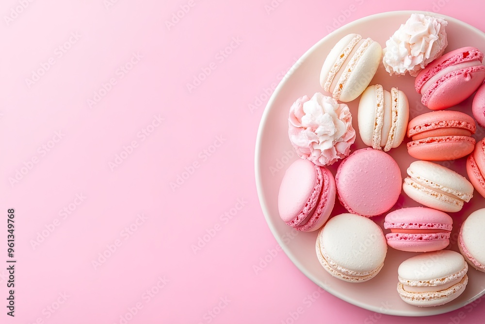 A plate of colorful macarons on a pink background, showcasing a delightful dessert display. A plate of colorful macarons on a pink background, showcasing a delightful dessert display.
