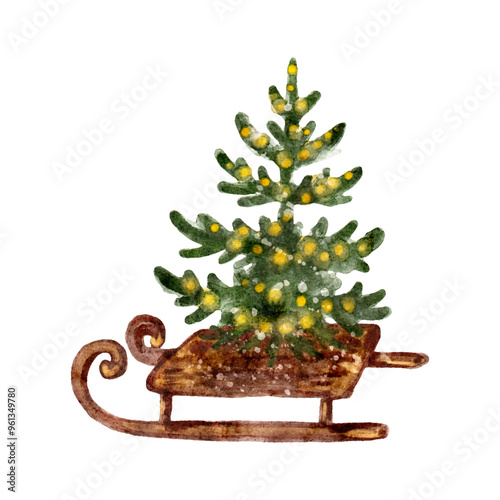 Watercolor vintage wooden Christmas sleigh with fir tree and garland on white background
