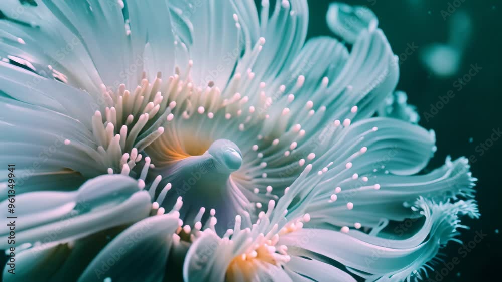 A mesmerizing close-up of a translucent sea anemone, revealing its intricate details and delicate structure, A mesmerizing close-up of a delicate sea anemone swaying gently in the currents A mesmerizing close-up of a translucent sea anemone, revealing its intricate details and delicate structure, A mesmerizing close-up of a delicate sea anemone swaying gently in the currents