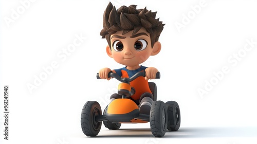 A 3D cartoon child riding a tricycle, looking determined with a focused expression, on a white background 