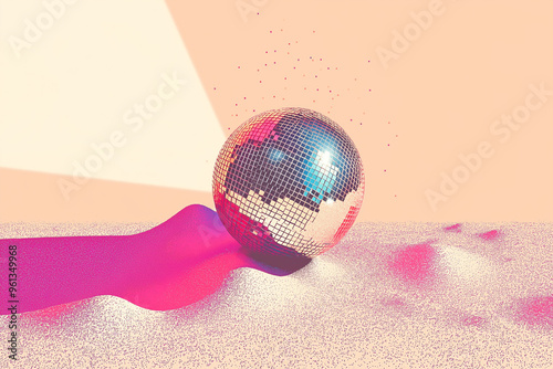 Disco ball resting on glittering surface with light beams Christmas, New Year