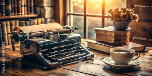 Vintage Writer's Retreat: A nostalgic scene of an antique typewriter resting on a wooden desk bathed in warm sunlight, accompanied by a cup of coffee, books, and a vase of flowers.   photo