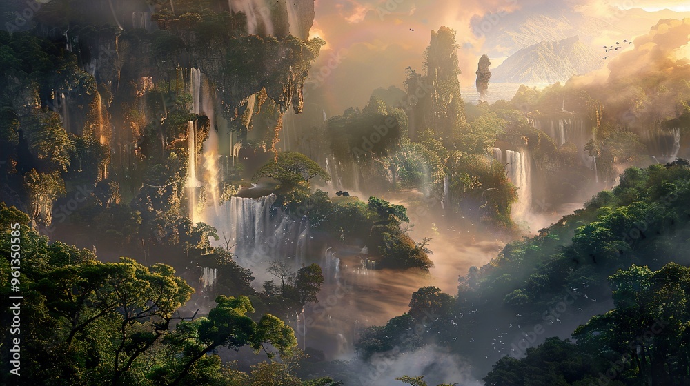 Fototapeta premium A breathtaking view of a lush, verdant valley with cascading waterfalls and misty mountains, bathed in the warm glow of a setting sun.