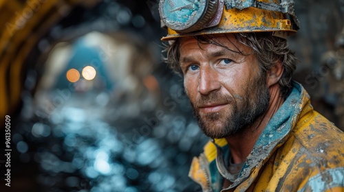 A determined miner, wearing a hard hat and protective clothing, smiles as he stands inside a tunnel. Behind him, glimmers of light reflect off the rocky walls, indicating a busy mining environment