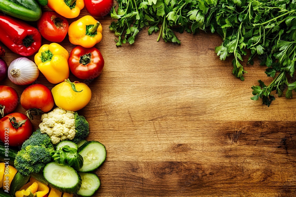 A colorful arrangement of fresh vegetables on a wooden surface, ideal for cooking or healthy eating. A colorful arrangement of fresh vegetables on a wooden surface, ideal for cooking or healthy eating.