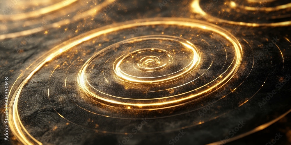 Golden glowing rings on a dark surface. Golden glowing rings on a dark surface.