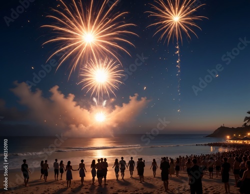 A wide-angle shot of a beachside New Year's Eve party, with fireworks lighting up the night sky, as silhouettes of people dance along the shore under moonlight.