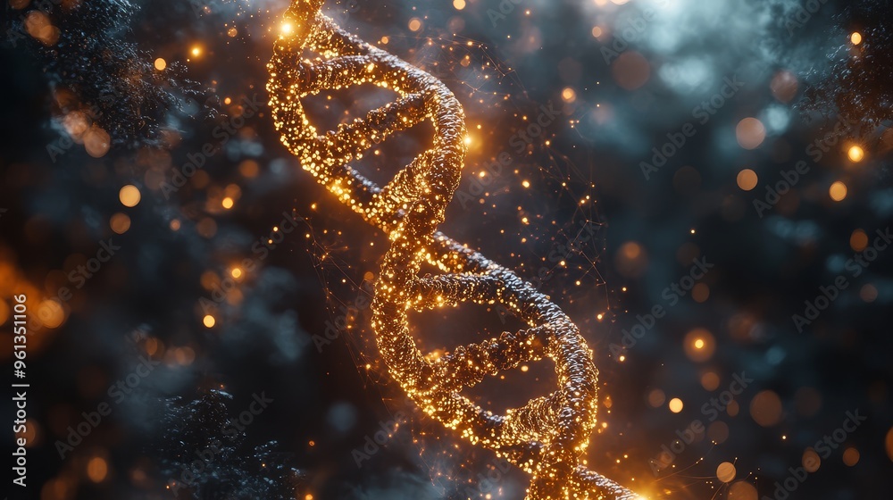 Golden DNA Strand with Glowing Particles Golden DNA Strand with Glowing Particles
