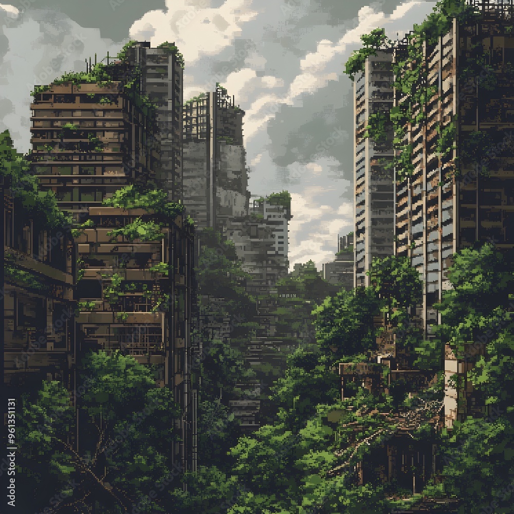 Obraz premium Gritty Pixelated Interpretation of Post-Apocalyptic Urban Landscape with Abandoned Overgrown Skyscrapers and Decaying Advanced Technology