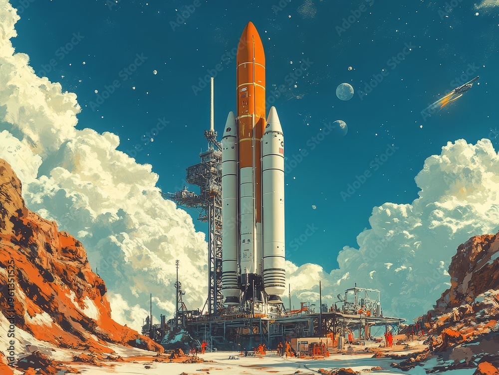 Fototapeta premium Space Launch Rocket on Platform with Clouds and Stars