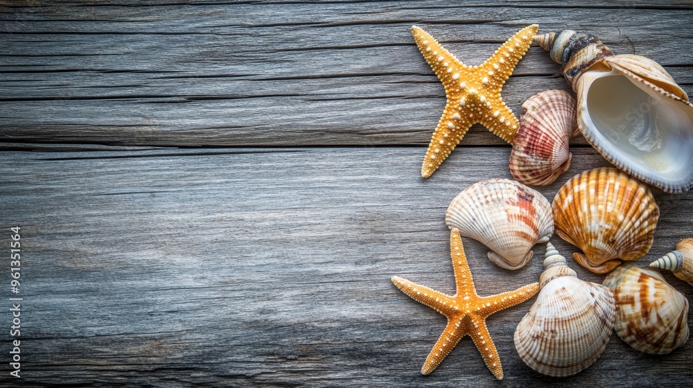 A collection of sea shells and starfish on a rustic wooden background, creating a natural beach-themed composition. A collection of sea shells and starfish on a rustic wooden background, creating a natural beach-themed composition.