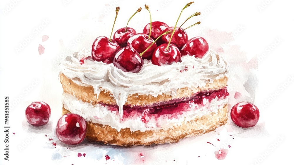 Delightful Cherry Cake: A Visual Treat in Watercolor Art Delightful Cherry Cake: A Visual Treat in Watercolor Art