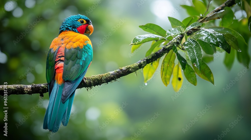 A vibrant and beautiful bird perches on a tree branch in the heart of the jungle. Its plumage shimmers with dazzling colors that blend harmoniously with the surrounding emerald foliage. A vibrant and beautiful bird perches on a tree branch in the heart of the jungle. Its plumage shimmers with dazzling colors that blend harmoniously with the surrounding emerald foliage.