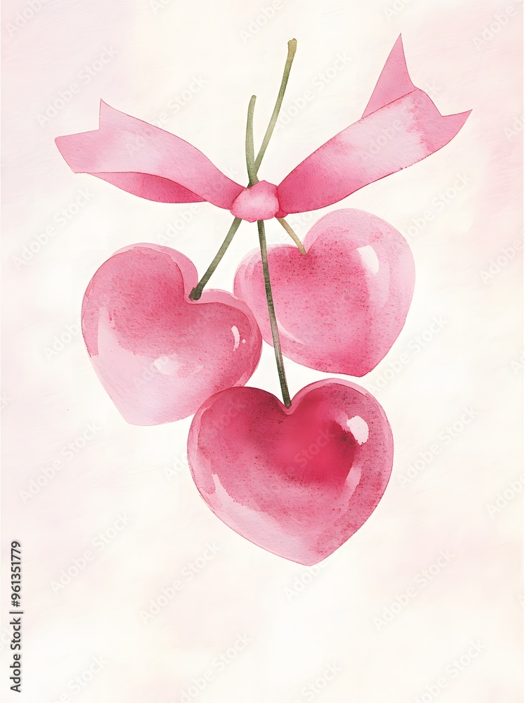 Fototapeta premium Cute Pink Watercolor Cherries with Ribbon on a Simple Background.