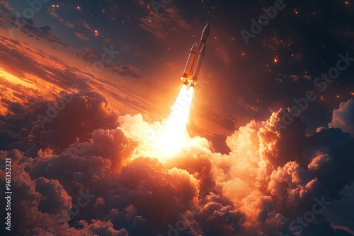 Rocket Launch Through Clouds at Sunset