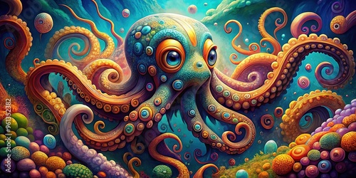Wallpaper Mural Vibrant, whimsical illustration of an octopus with curled tentacles and large, expressive eyes, surrounded by swirling sea creatures and abstract ocean-inspired patterns. Torontodigital.ca