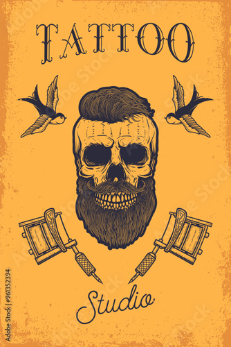 Tattoo studio emblem template. Crossed tattoo machine, skull, roses. Design element for logo, label, sign, poster, t shirt. Vector illustration