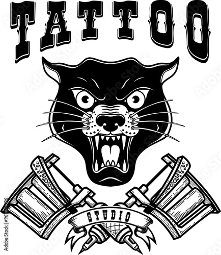 Tattoo studio emblem template. Crossed tattoo machine, panther head, roses. Design element for logo, label, sign, poster, t shirt. Vector illustration