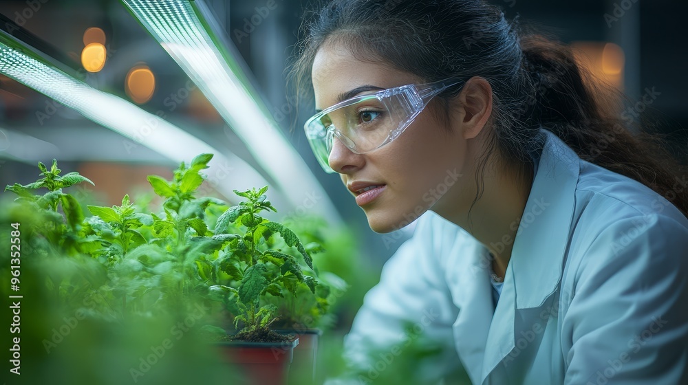 Woman Scientist Examining Plants in Lab Woman Scientist Examining Plants in Lab