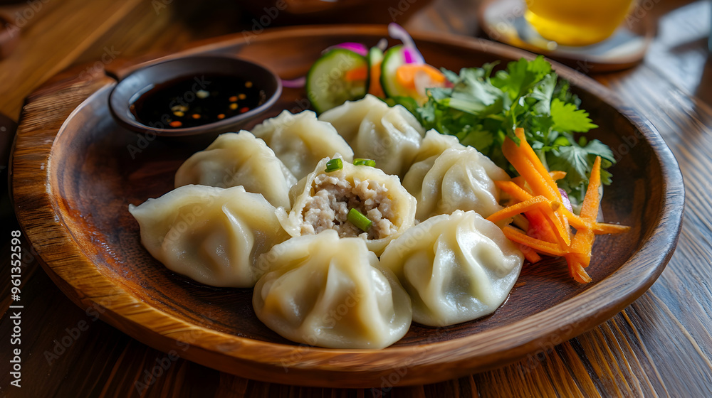 Close-up of a traditional Mongolian buuz (steamed dumplings) filled with minced meat and onions, served on a wooden plate with soy sauce and a side of pickled vegetables Close-up of a traditional Mongolian buuz (steamed dumplings) filled with minced meat and onions, served on a wooden plate with soy sauce and a side of pickled vegetables