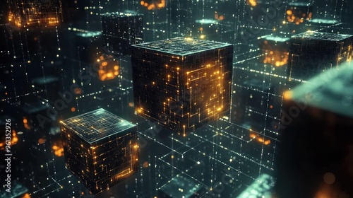 A futuristic digital landscape with glowing cubes and interconnected data streams.