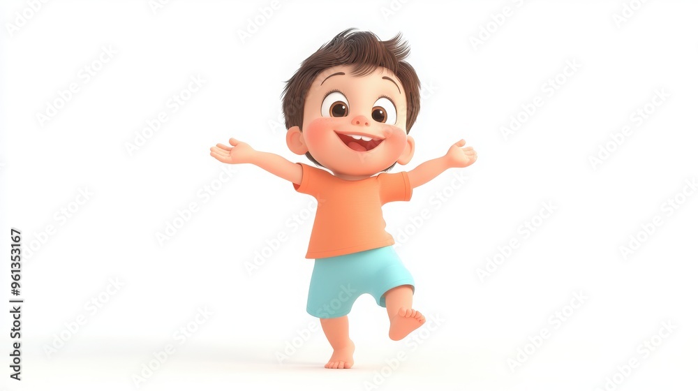 A 3D cartoon toddler learning to walk, arms outstretched for balance, with a big, excited smile, on a white background A 3D cartoon toddler learning to walk, arms outstretched for balance, with a big, excited smile, on a white background